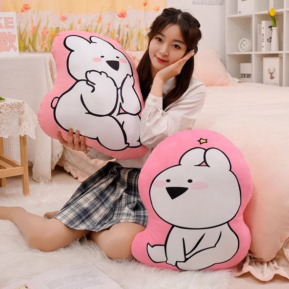 Sevimli Tavşan Baskılı Peluş Yastık - Pembe Çene, 10cm Anahtarlık - 11