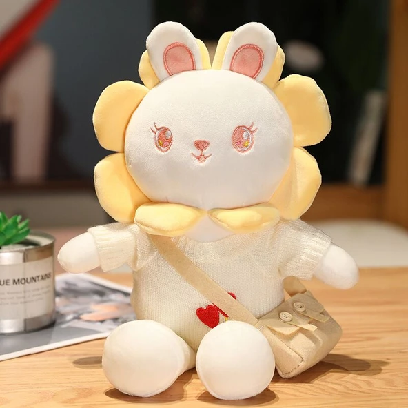 Ayçiçeği Kostümlü Tavşan Peluş Oyuncak - Kırmızı Çiçek Ayıcık Çizgili Kazak 40cm - 11