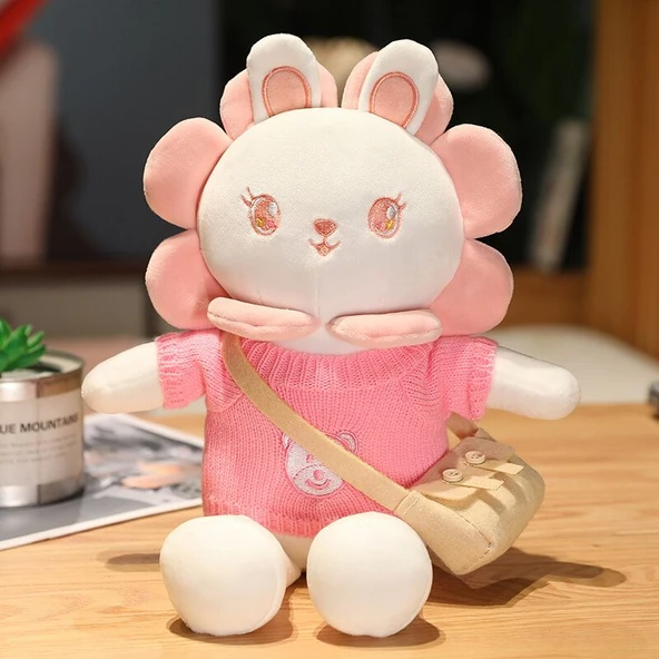 Ayçiçeği Kostümlü Tavşan Peluş Oyuncak - Kırmızı Çiçek Ayıcık Çizgili Kazak 40cm - 12
