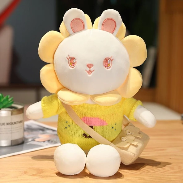 Ayçiçeği Kostümlü Tavşan Peluş Oyuncak - Kırmızı Çiçek Ayıcık Çizgili Kazak 40cm - 6