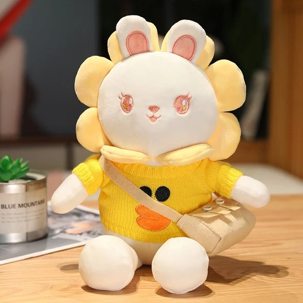 Ayçiçeği Kostümlü Tavşan Peluş Oyuncak - Kırmızı Çiçek Ayıcık Çizgili Kazak 40cm - 8