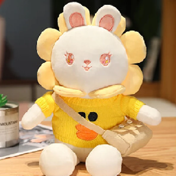 Ayçiçeği Kostümlü Tavşan Peluş Oyuncak - Sarı Çiçek Ördekli Kazak 40cm