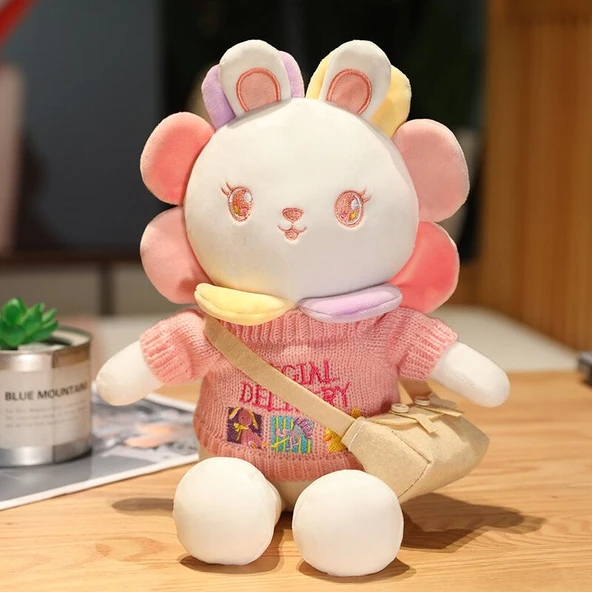 Ayçiçeği Kostümlü Tavşan Peluş Oyuncak - Kırmızı Çiçek Ayıcık Çizgili Kazak 40cm - 7