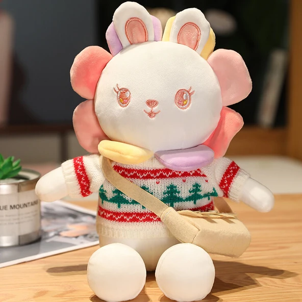 Ayçiçeği Kostümlü Tavşan Peluş Oyuncak - Çok Renkli Noel Ağacı Kazak 40cm