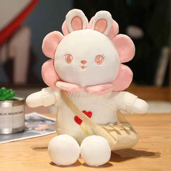Ayçiçeği Kostümlü Tavşan Peluş Oyuncak - Kırmızı Çiçek Ayıcık Çizgili Kazak 40cm - 2