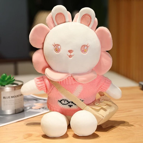 Ayçiçeği Kostümlü Tavşan Peluş Oyuncak - Kırmızı Çiçek Ayıcık Çizgili Kazak 40cm - 5