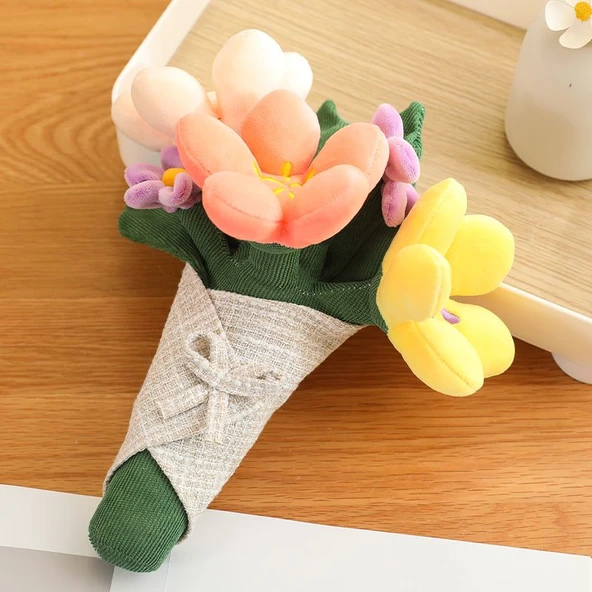 Peluş Buket Çiçek Anahtarlık - Kırmızı Sarı - 12cm - 7