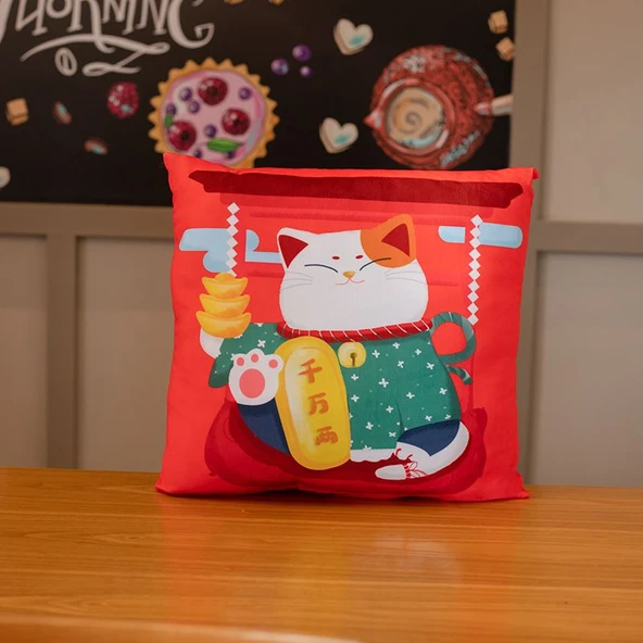 Japon Maneki Neko Şanslı Kedi Yastık - Milyonlarca Taels - 45cm
