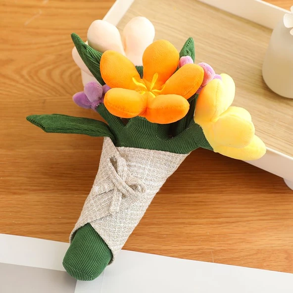 Peluş Buket Çiçek Anahtarlık - Kırmızı Sarı - 12cm - 6