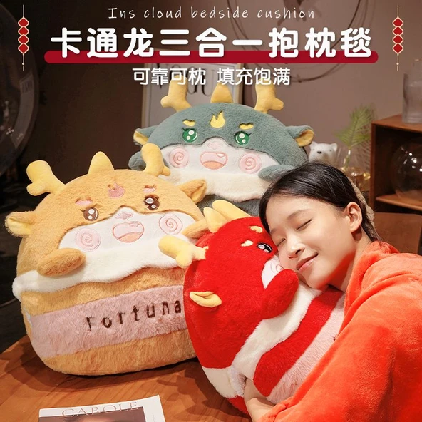 Tavşan Kürklü Çizgi Film Ejderha 3'ü 1 Arada Yastık Battaniye - Yeşil, Küçük Yastık Battaniye 100*150cm - Resim 2