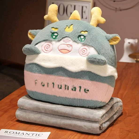 Tavşan Kürklü Çizgi Film Ejderha 3'ü 1 Arada Yastık Battaniye - Yeşil, Küçük Yastık Battaniye 100*150cm - Resim 10