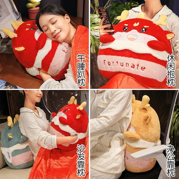 Tavşan Kürklü Çizgi Film Ejderha 3'ü 1 Arada Yastık Battaniye - Yeşil, Küçük Yastık Battaniye 100*150cm - Resim 7