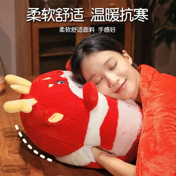 Tavşan Kürklü Çizgi Film Ejderha 3'ü 1 Arada Yastık Battaniye - Yeşil, Küçük Yastık Battaniye 100*150cm - Resim 5