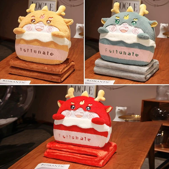 Tavşan Kürklü Çizgi Film Ejderha 3'ü 1 Arada Yastık Battaniye - Yeşil, Küçük Yastık Battaniye 100*150cm - Resim 8