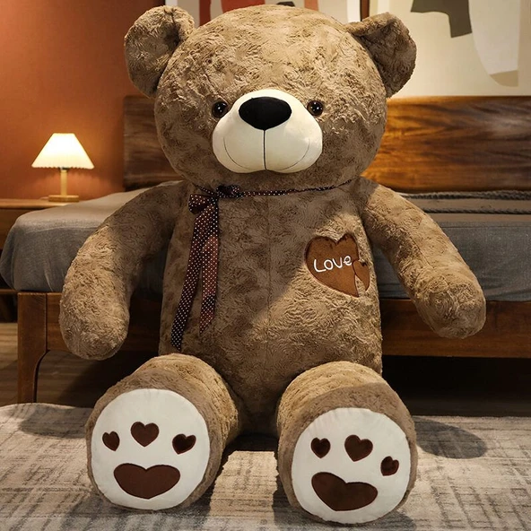 Çift Kalpli Gül Kadife Ayıcık - Kahve Ayı 90cm - 4