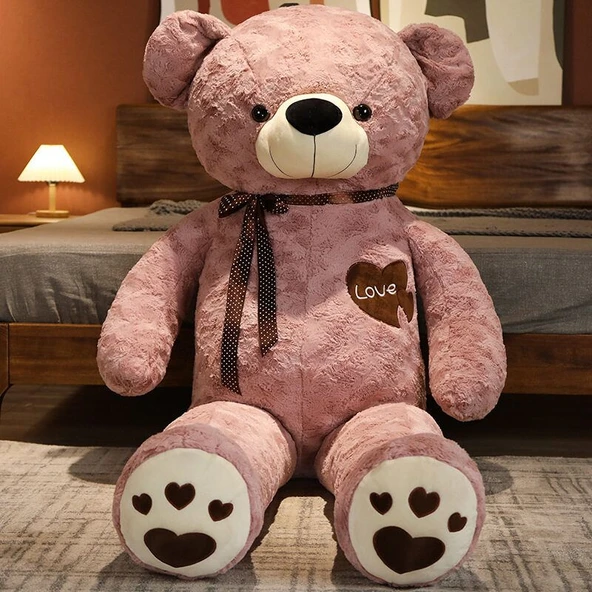 Çift Kalpli Gül Kadife Ayıcık - Kahve Ayı 110cm - 7