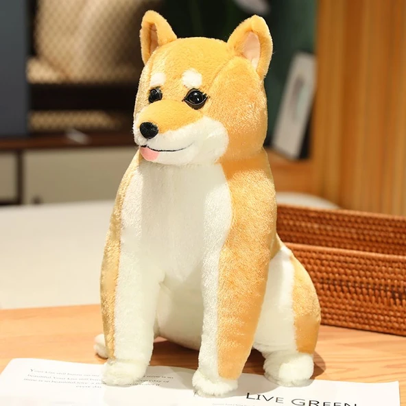 Gerçekçi Oturan Shiba Inu Peluş Oyuncak - Açık Kahverengi 65cm
