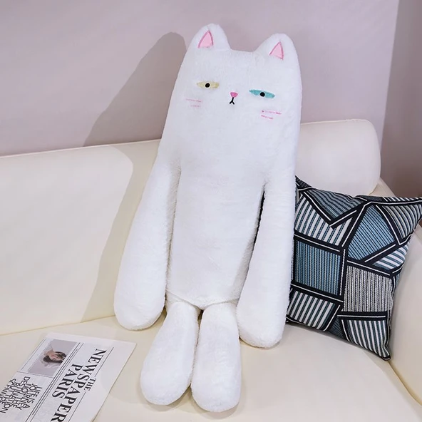Uyuyan Kedi Peluş Yastık - Beyaz - 130cm
