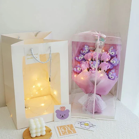 LinaBell Peluş Oyuncak Buketi 40cm - 6 Figür + 5 Çiçek (Bez Çanta) - 12