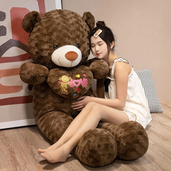 Gül Kalpli Peluş Ayıcık - Kahve Rengi - 120cm - 5