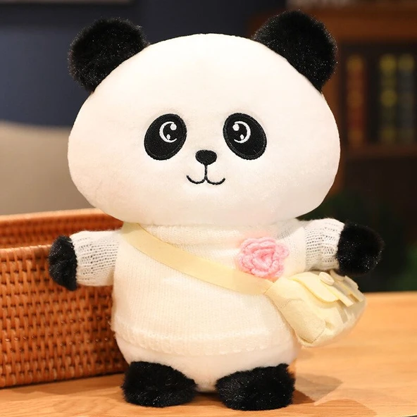 250cm Dönüşebilen Panda Peluş Oyuncak - Beyaz Kazak Pembe Çiçek + Çanta