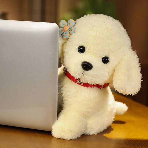 Eğik Kafalı Peluş Oyuncak Ayı Köpek - Süt Beyazı - 22cm - 11