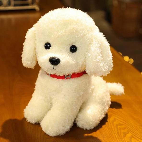 Eğik Kafalı Peluş Oyuncak Ayı Köpek - Süt Beyazı - 28cm - 3