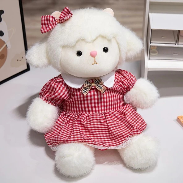 40cm Giysili Koyun Peluş Oyuncak - Pembe Puantiyeli Elbiseli - 5