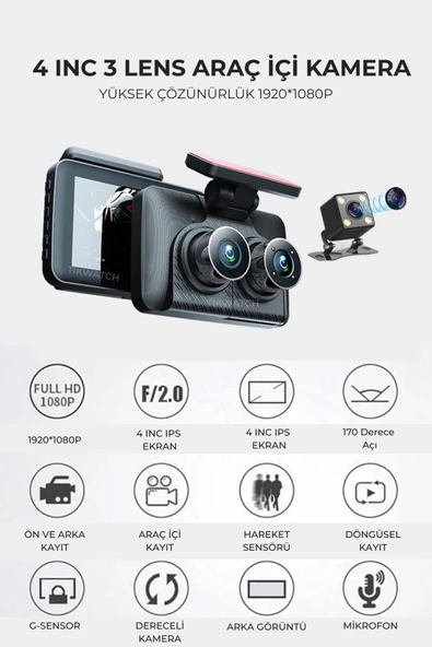 3 Kamera Lens Araç İçi Kamera