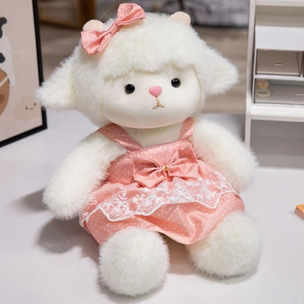 40cm Giysili Koyun Peluş Oyuncak - Pembe Puantiyeli Elbiseli