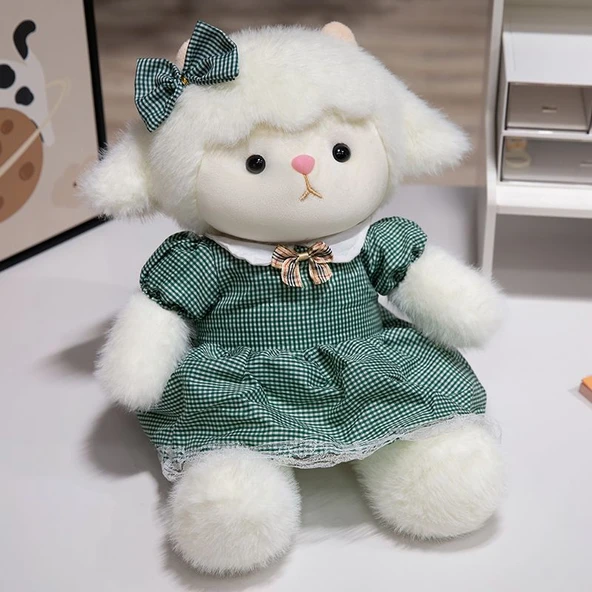40cm Giysili Koyun Peluş Oyuncak - Pembe Puantiyeli Elbiseli - 4