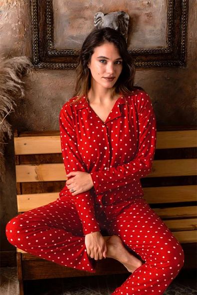 Nisanca Kışlık Düğmeli Ekose Desen Yılbaşı Temalı  Kadın Süet Pijama Takımı - 10