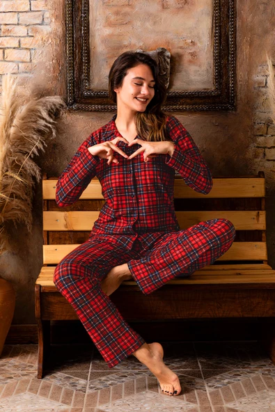 Nisanca Kışlık Düğmeli Ekose Desen Yılbaşı Temalı  Kadın Süet Pijama Takımı - 2