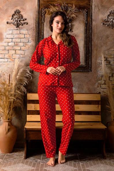 Nisanca Kışlık Düğmeli Ekose Desen Yılbaşı Temalı  Kadın Süet Pijama Takımı - 11