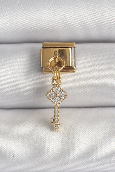 316L Çelik Gold Renk Sallantı Zirkon Taşlı Anahtar Model Nomination Charm - TJ-BC1338