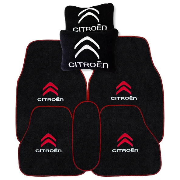 Citroen Nakış İşlemeli 5 Parça Araç Oto Halı Paspas Citroen Siyah Araç Seyahat Oto Boyun Yastığı - 1