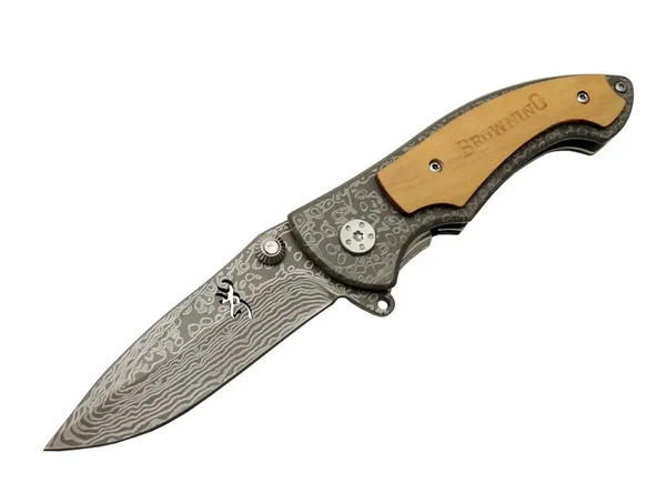 Browning 2-31 Damascus Kamp Çakı 19,5cm - Yarı Otomatik, Kemerlikli, Ahşap; Metal Sap ürün görseli 1