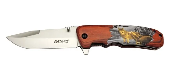 Mtech Y 12K Kahverengi Kamp Çakı 21,5cm - Yarı Otomatik, Kemerlikli, Kurt Baskılı Ahşap Sap ürün görseli 1