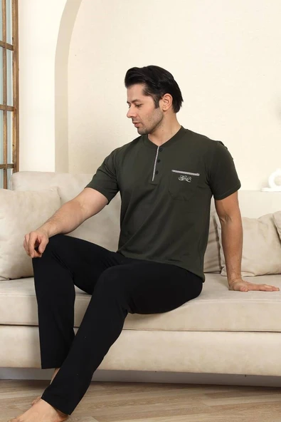 Erkek Bisiklet Yaka 3 Düğmeli Göğüs Cepli Pamuk Likra Mevsimlik Kısa Kol Pijama Takımı - 9