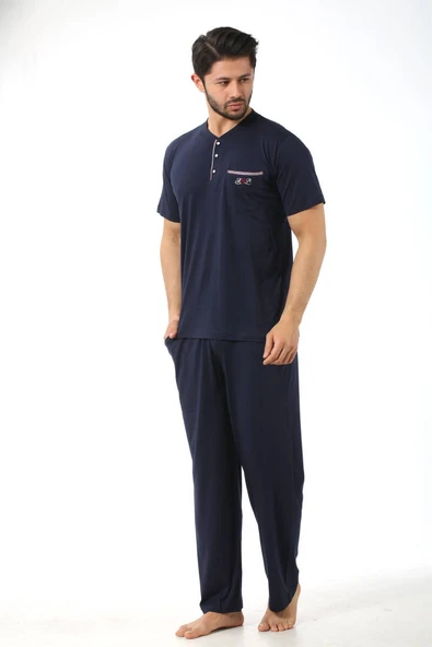 Erkek Bisiklet Yaka 3 Düğmeli Göğüs Cepli Pamuk Likra Mevsimlik Kısa Kol Pijama Takımı - 6