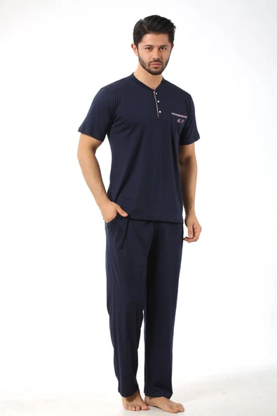 Erkek Bisiklet Yaka 3 Düğmeli Göğüs Cepli Pamuk Likra Mevsimlik Kısa Kol Pijama Takımı - 5