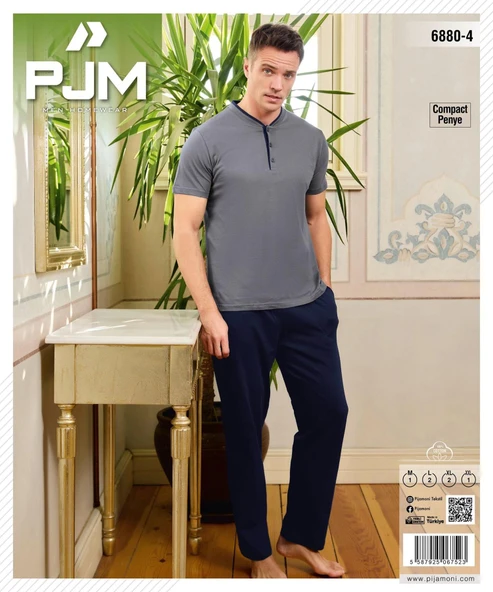 Pijamoni Erkek Düğme Yaka Kısa Kol Penye Pijama Takımı 6880/4 - 1 Adet  L Füme - Resim 2