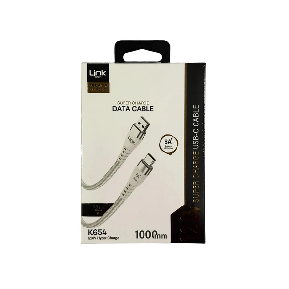 LinkTech K654 USB - Type-C 120W 6A 1mt Örgü Şarj Kablosu Beyaz - Resim 4