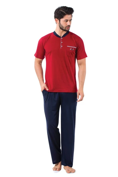 Erkek Bisiklet Yaka 3 Düğmeli Göğüs Cepli Pamuk Likra Mevsimlik Kısa Kol Pijama Takımı