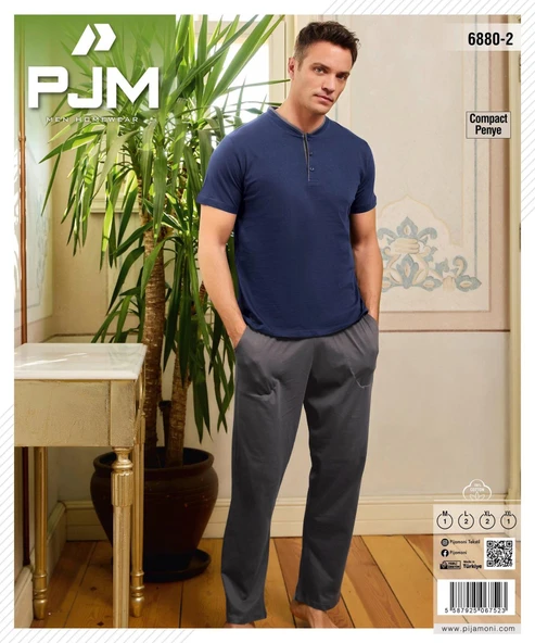 Pijamoni Erkek Düğme Yaka Kısa Kol Penye Pijama Takımı 6880/2 - 1 Adet  Lacivert 2XL - 2