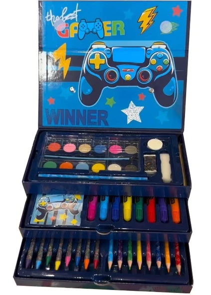 Erkek Çocukları İçin Hediye Kutulu Boyama Seti 1 Paket 12 li Suluboya 8 li Keçeli Kalem 8 li Kuruboya 8 li Pastel Boya - 2