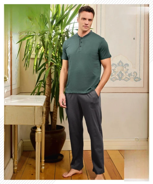 Pijamoni Erkek Düğme Yaka Kısa Kol Penye Pijama Takımı 6880/1 - 1 Adet  XL Yeşil ürün görseli 1