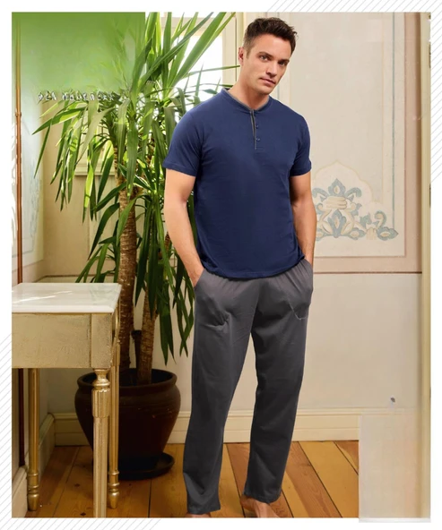 Pijamoni Erkek Düğme Yaka Kısa Kol Penye Pijama Takımı 6880/2 - 1 Adet  M Lacivert ürün görseli