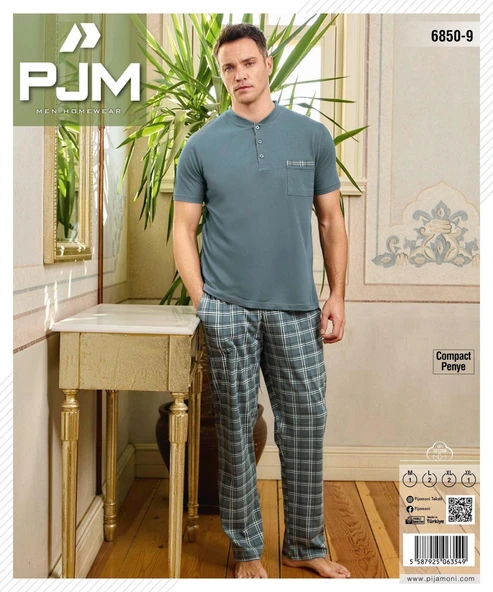 Pijamoni Erkek Düğme Yaka Kısa Kol  Pijama Takımı 6850/99 - 1 Adet  XL Yeşil - Resim 2