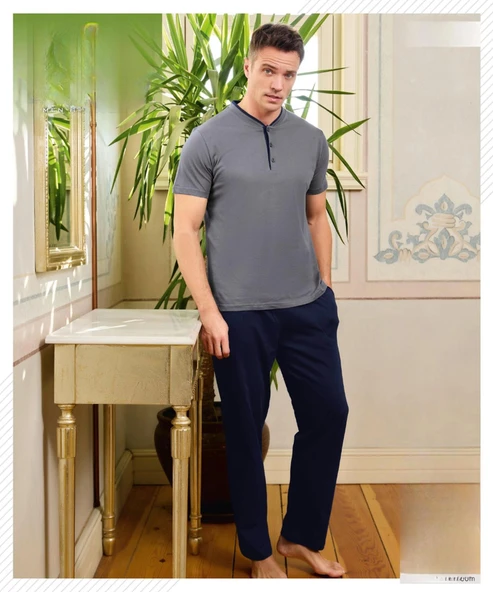 Pijamoni Erkek Düğme Yaka Kısa Kol Penye Pijama Takımı 6880/4 - 1 Adet  L Füme ürün görseli 1